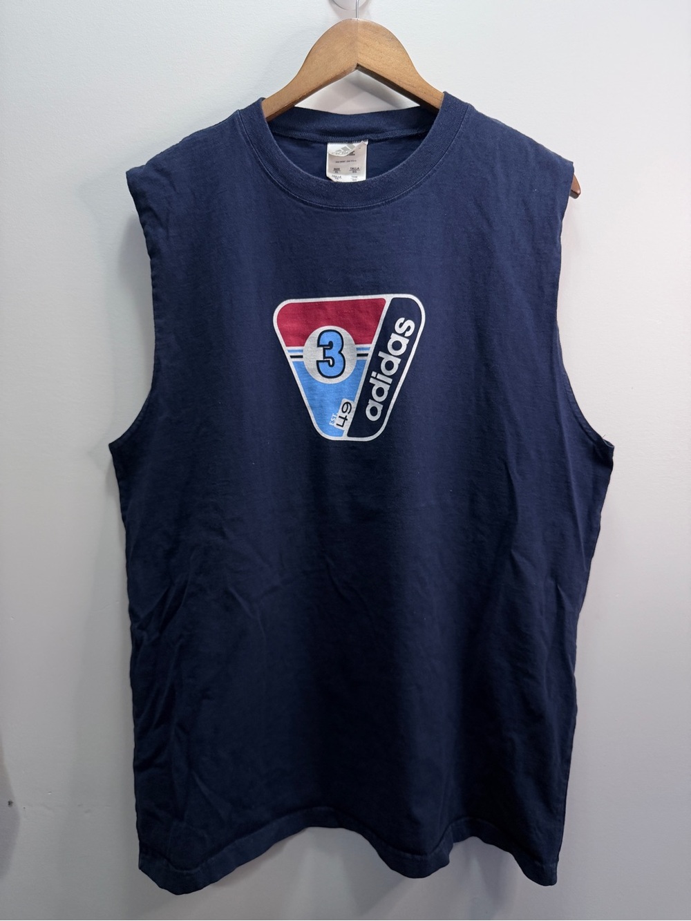 Adidas Y2K Navy Muscle Shirt with Red and Light Blue Graphic Size XL